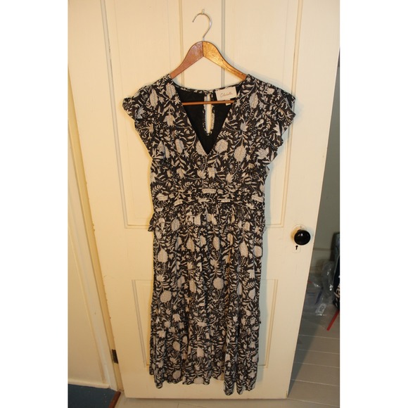 Cleobella Floral Midi Dress Ruffle Sleeve V Neck Black White Boho - Picture 2 of 4